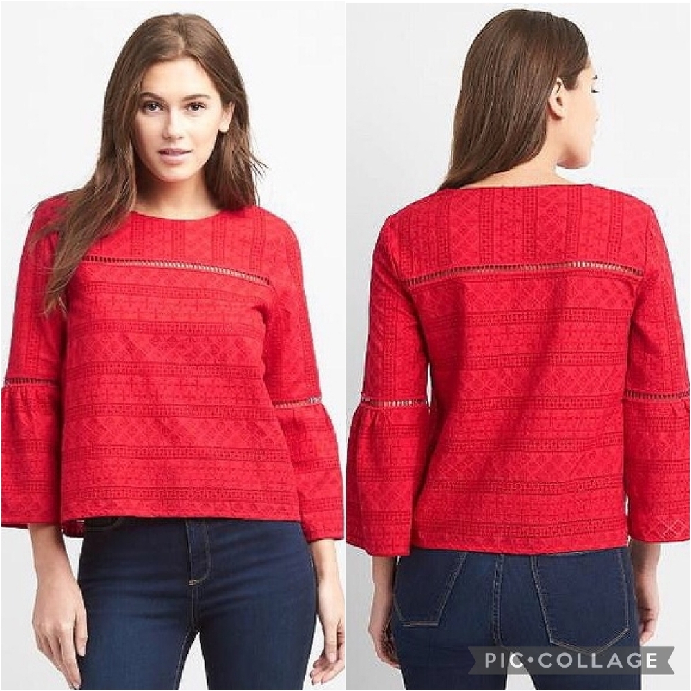 Gap Embroidered Red Eyelet Bell Sleeve Cotton Blouse Size M